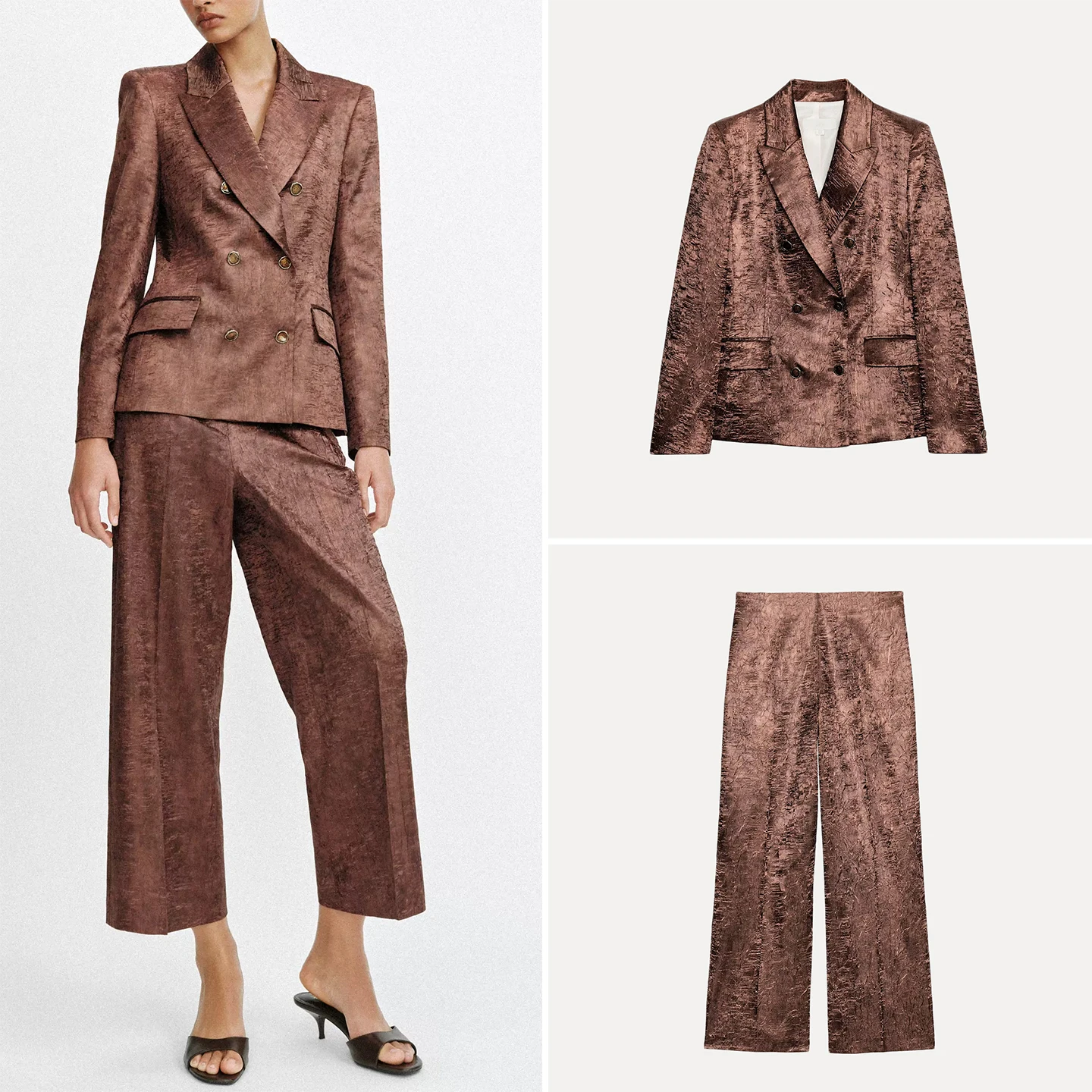 

Women's Fashion Suit Set with Shoulder Pads Crease Effect Straight Leg High Waist Nine-Piece Pants Long Sleeve Button-Up Summ...