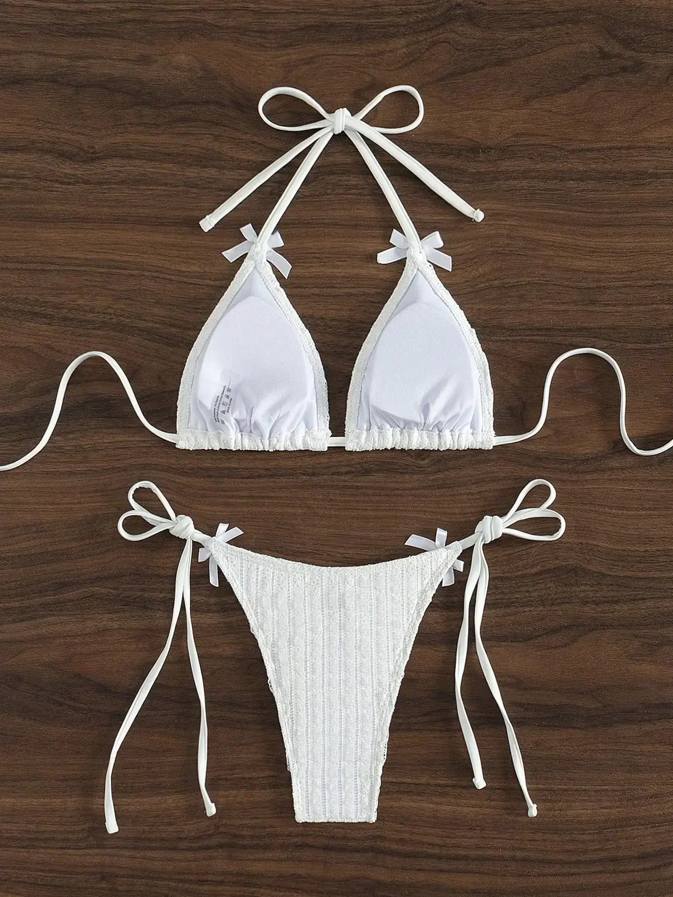 2025 New Solid Color White 2 Piece Swimsuit Sexy Bow Triangle Halter Backless Bikini Set Lace-up Thong Bathing Suit Swimwear