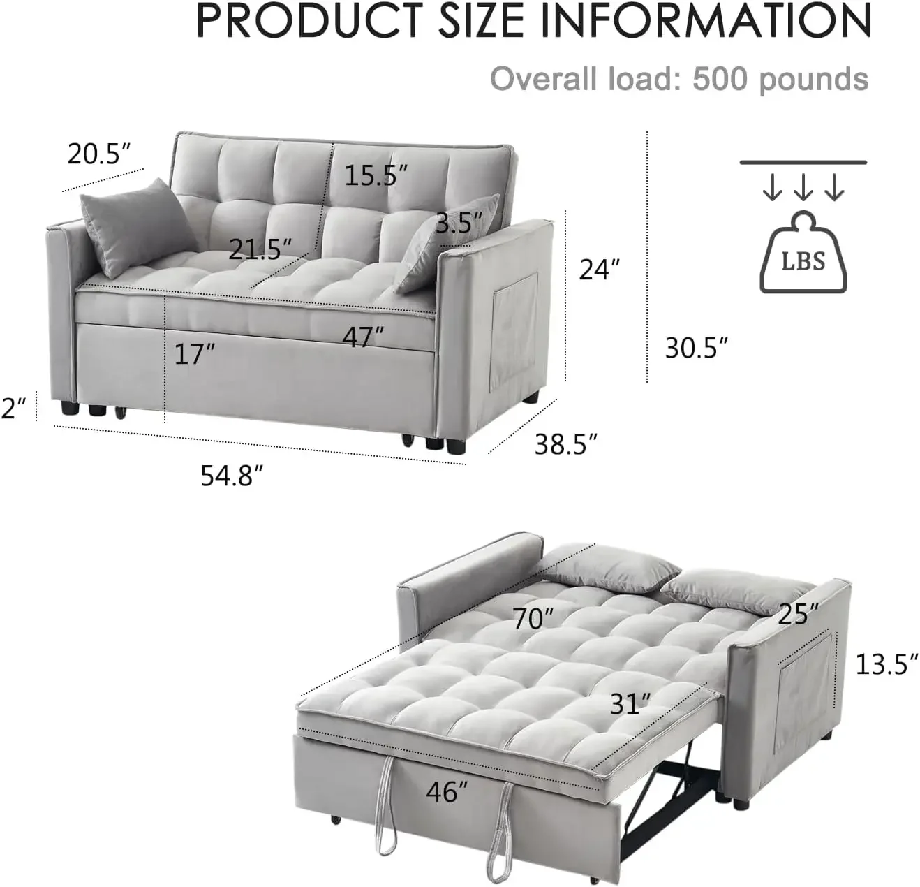 3-In-1 Converteerbare Slaapbank, Modern Fluwelen Loveseat Futon Bank Uittrekbed Met Verstelbare Rugleuning, Opbergvakken