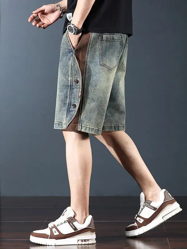 

Waed Retro American Denim orts Men's High Street Trend Brand Vintage Straight Leg Five-Point Casual Mid-Length Jeans