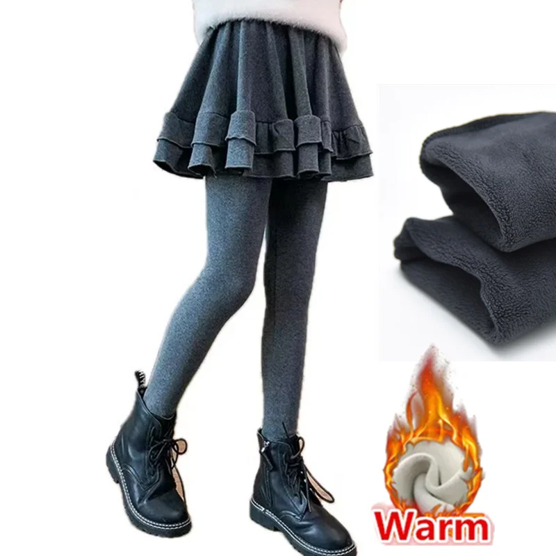 Girl Pantskirt Soft Fleece-lined Kids Autumn Winter Skirt Leggings Child Fake Two Piece Thick Thermal Skirt Skinny Pants 4-13Yrs