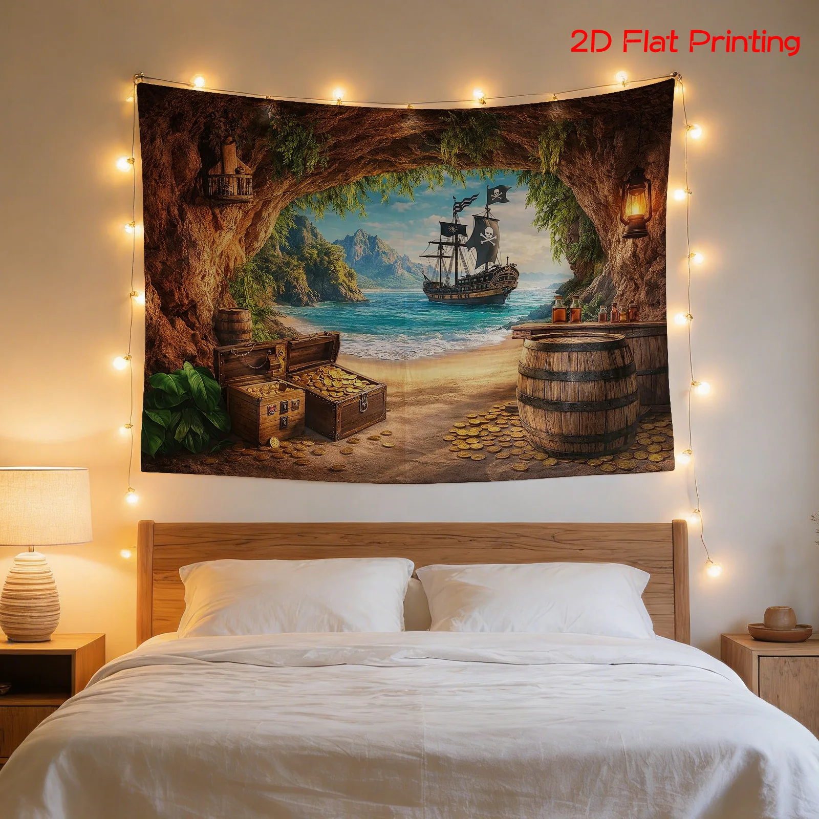 Large Pirate Ship Tropical Beach Tapestry Nautical Wall Hanging Cove Coastal Decor Home Decor Rustic Canvas Art Print