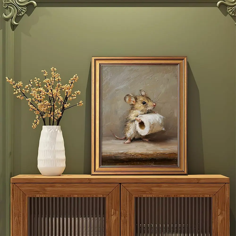Vintage Funny Mouse Wall Decor, Oil Painting Print, Cute Witch Mouse & Bathroom Mouse Poster for Farmhouse Bathroom Bedroom