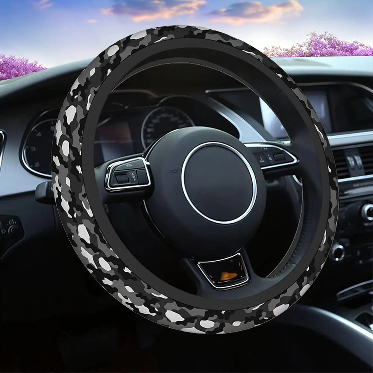 Camo Auto Car Steering Wheel Cover for Women Girls Abstract Grey Military Camouflage 15 Inch Steering Wheel Protector Case