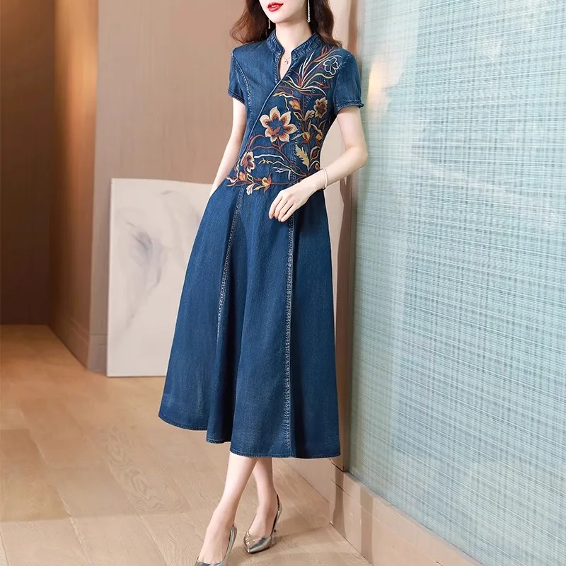 Design bordado retrô verão 2024 feminino V-Ne ort Sve Denim Dr Midi Saia Ele Lady Sle estampa floral Polyes...