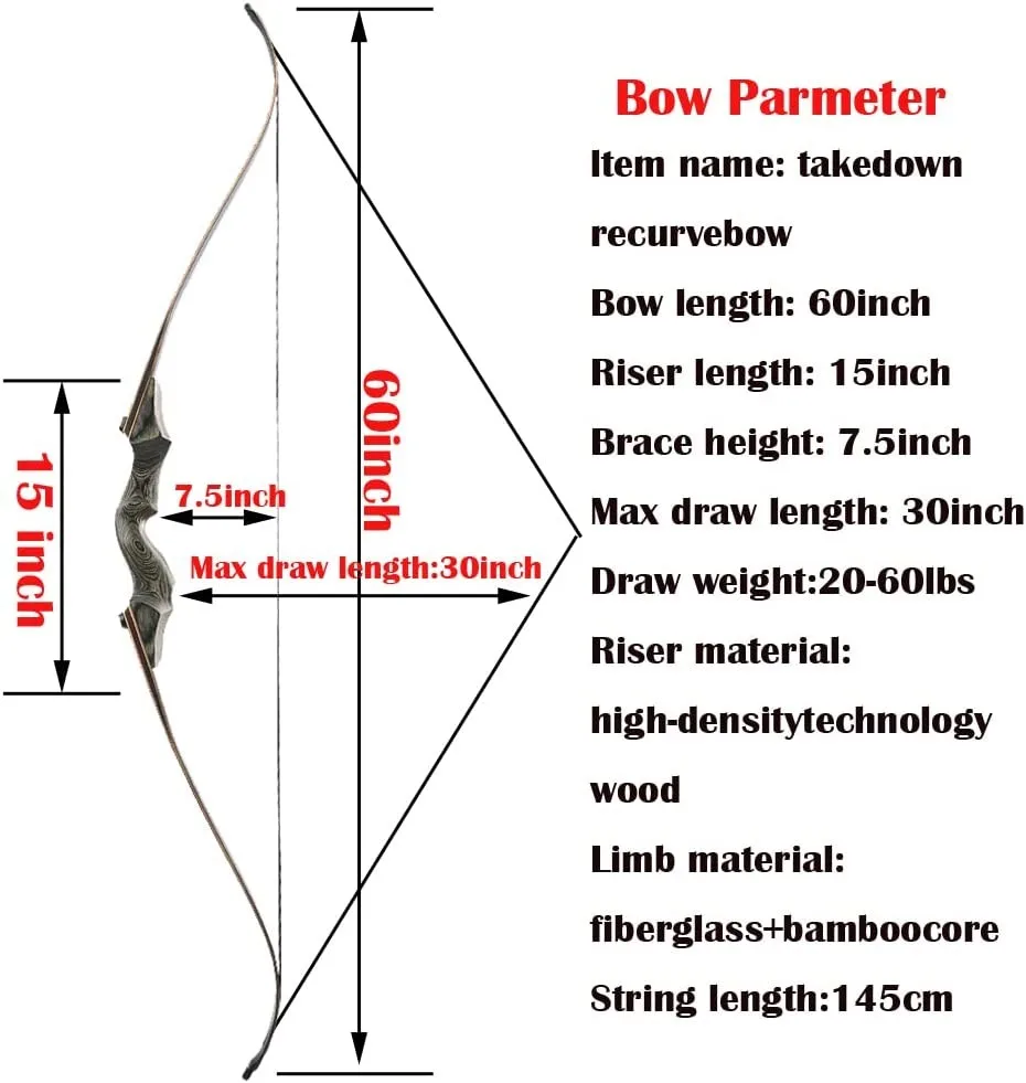 US 60" Takedown Recurve Bow Arrow Set 50lbs Wooden Riser Archery Target Shooting Adult Shooting Practice