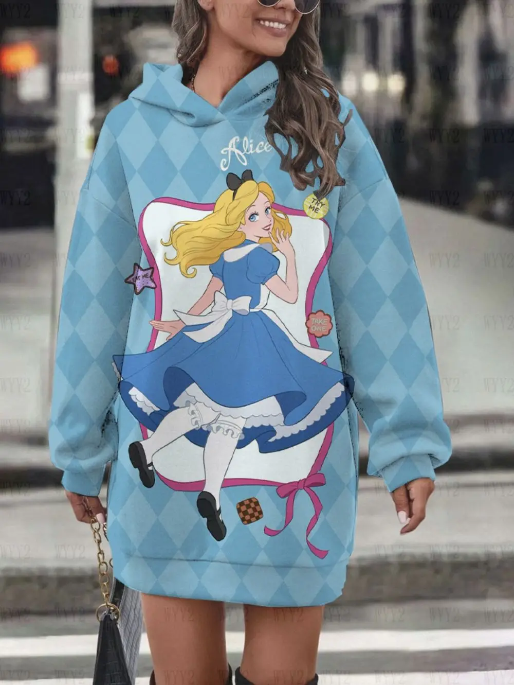 Alice in Wonderland Printed Women's Fashion Simple Hooded Dress Loose Long Sleeve Dress Disney Autumn and Winter Girls Clothing