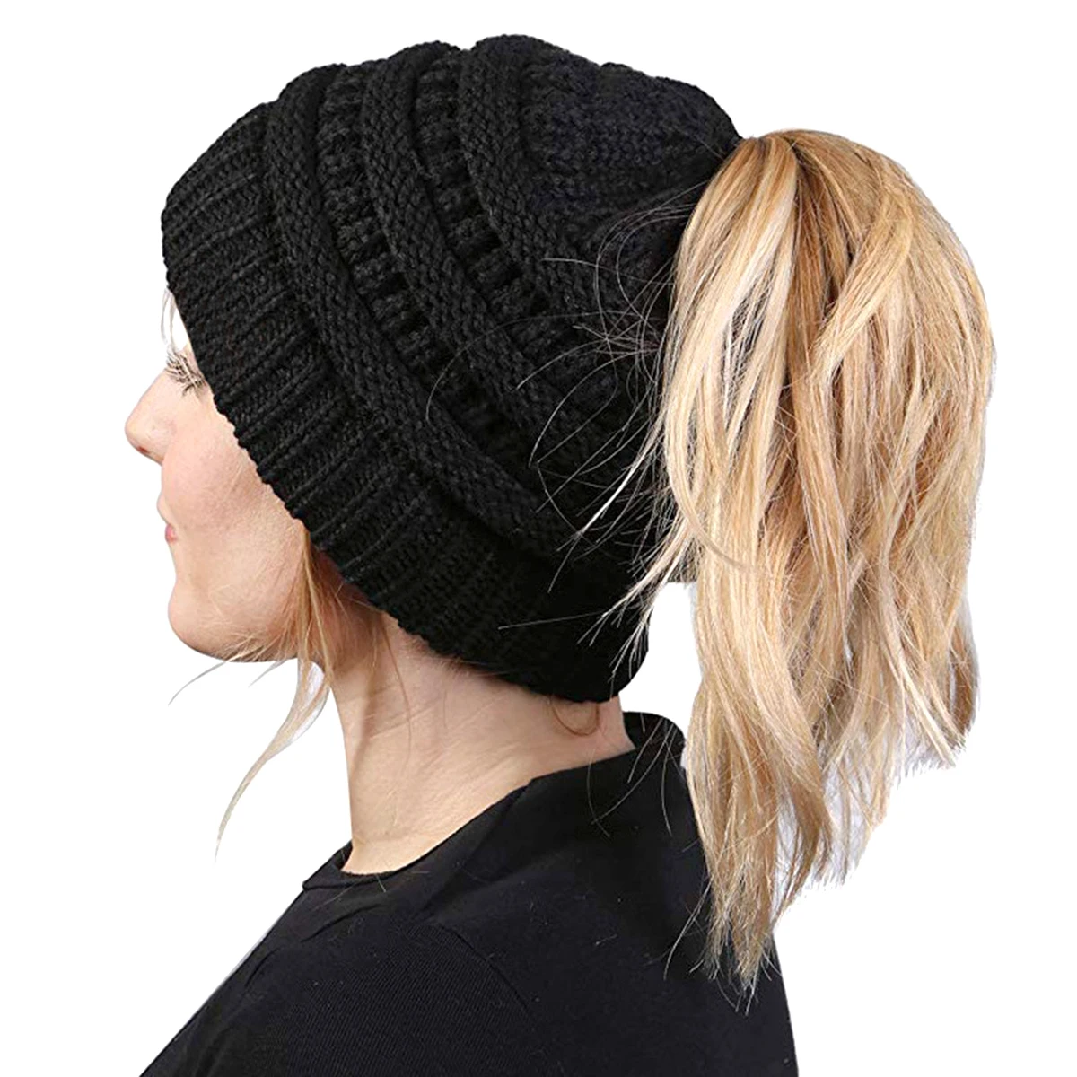 2023 New Women Hats Autumn Winter Ponytail Beanie Hat Warmer Solid Color Lady Stretch Knitted Crochet Beanies Hats Cap Outdoor