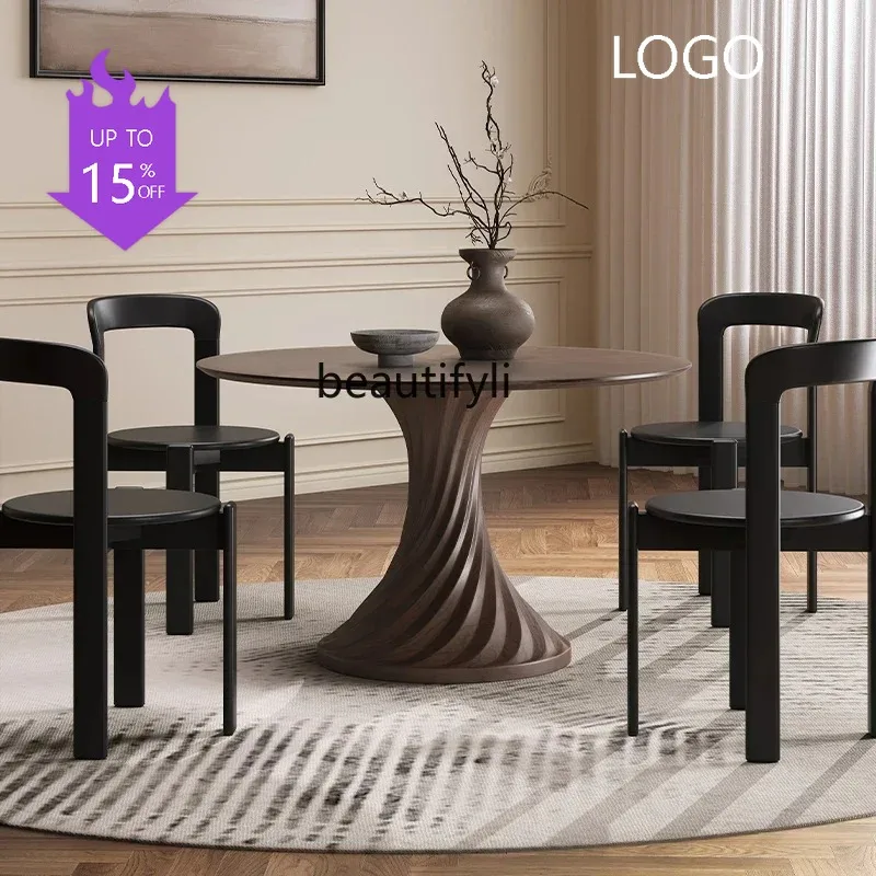 PP  Retro solid wood round dining table and chair combination walnut small apartment French medieval round table