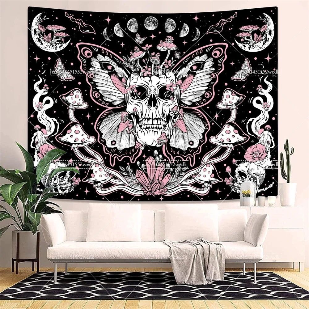 Skull Floral Tapestry Mushroom Skeleton Goth Tapestry Aesthetic Room Decor Moth Moon And Stars Wall Tapestry Home Decoration