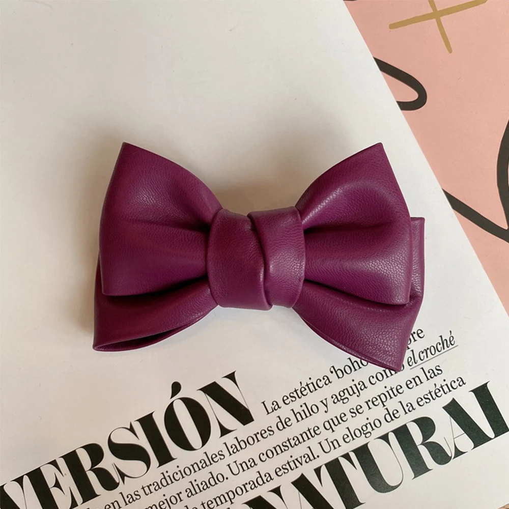 

Fashion Accessories Solid Color PU Leather Women Girls Bow Hairpin Headwear Hair Clips Spring Clips