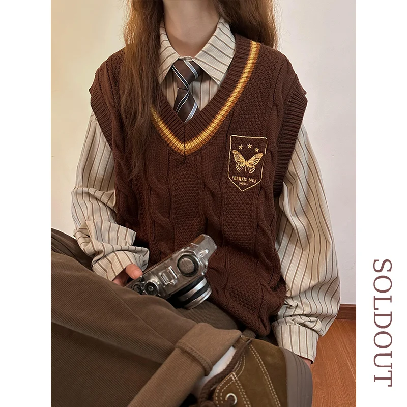 

Loose Women's Knitted Sweater Vest American Retro College Sle Outerwear Autumn Winter V-ne Warm Fing No Brand Street S...