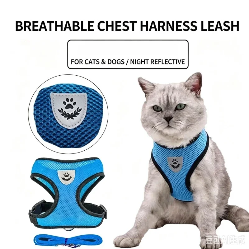 Kleines und großes Katzen- und Hundegeschirr mit Leine, verstellbare Weste aus atmungsaktivem Polyester-Netz, reflektierend, ausbruchsicher, für Welpen und Kätzchen.