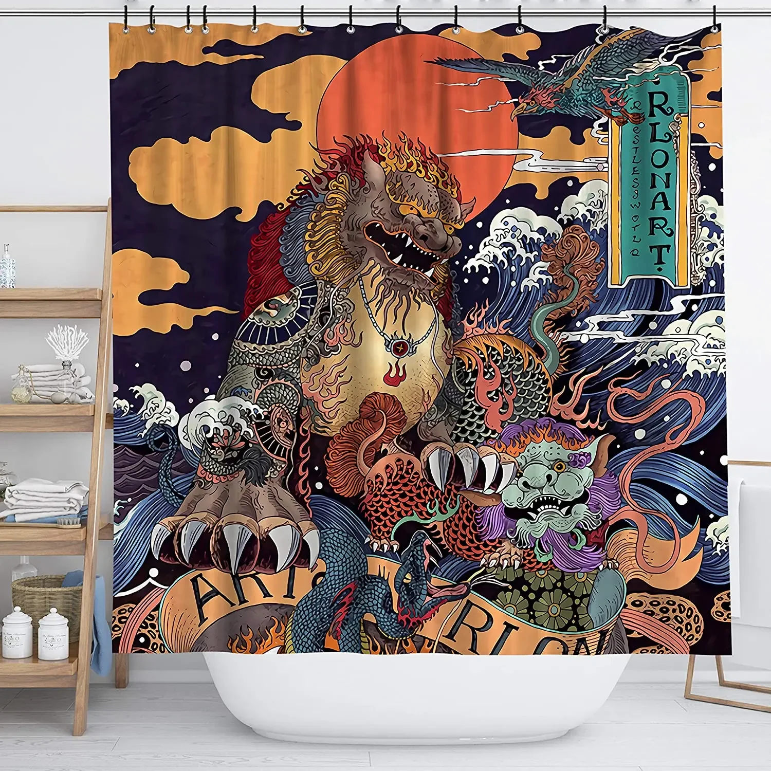 Spanker Space Artistic Ukiyoe Colorful Japanese Kylin Mythical Creatures The Great Waves Waterproof Fabric Bath Shower Curtain