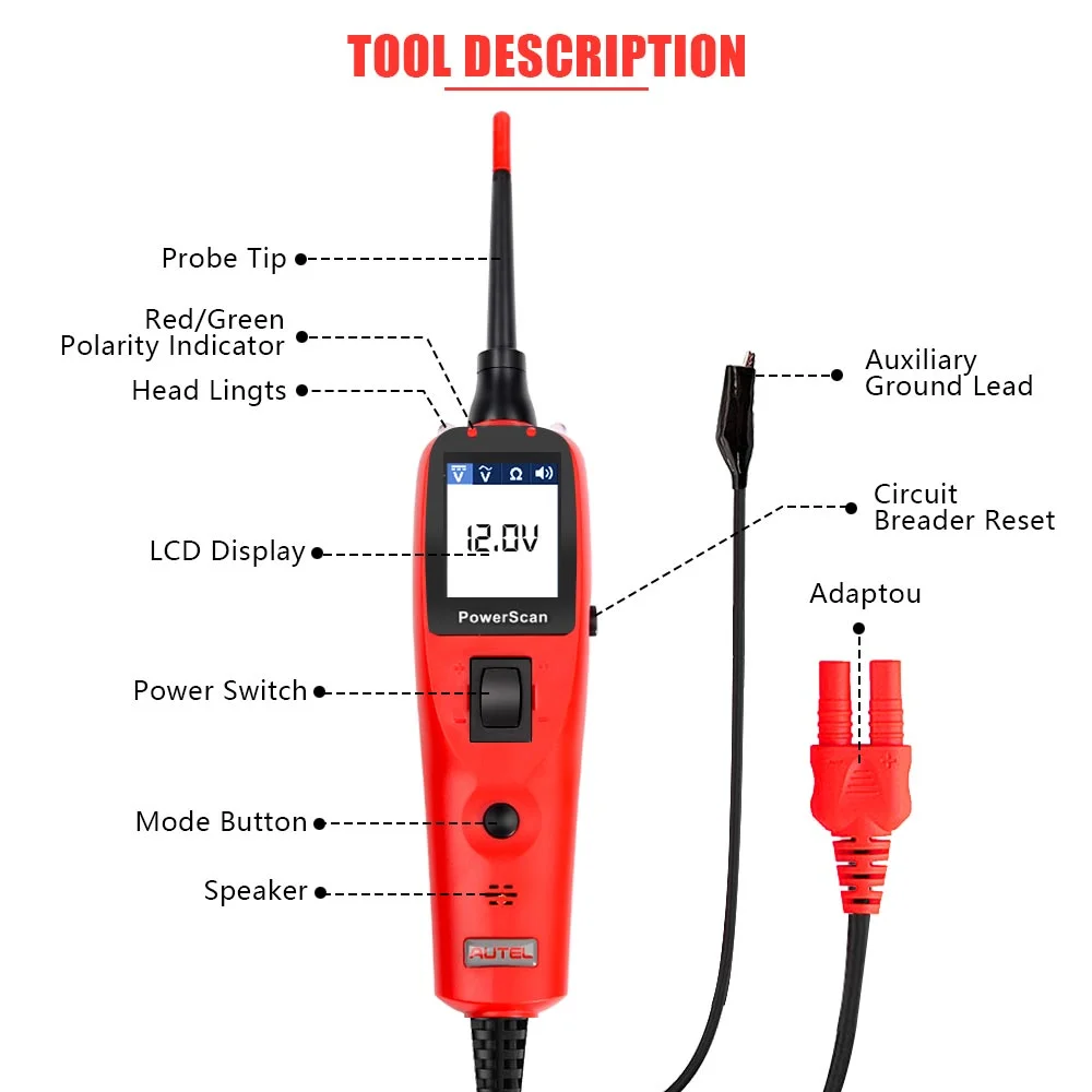 Autel PowerScan PS100 Auto Car Electrical System 12-24V Power Probe Kit Circuit AVOmeter Tester Automotive Car Diagnostic Tool