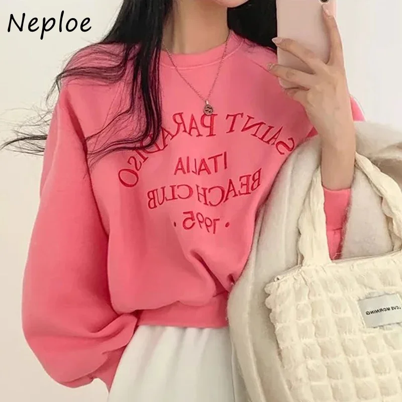 Neploe Chic Sweet Temperament Sweatshirt Autumn Round Neck Letter Embroidery Print Plush Thickened Loose Long Sleeve Hoodies