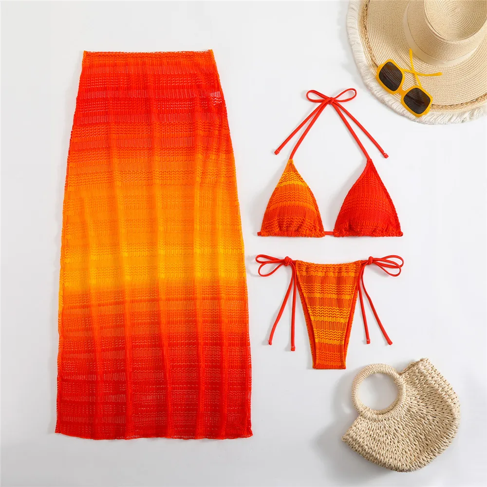 

Orange Gradient Swimwear Halter String Triangle Bikinis Sets 3 Pieces Cover Up Skirts Micro Thong Sexy Swimsuit Women Beachwear