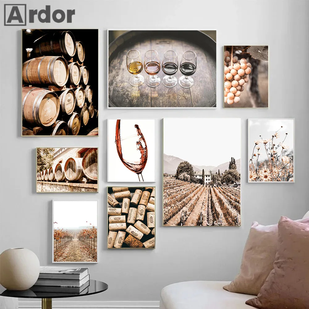 Oak Barrel Canvas Poster Wine Print Vineyard Wall Art Painting Flower Grape Posters Nordic Wall Pictures Living Room Home Decor