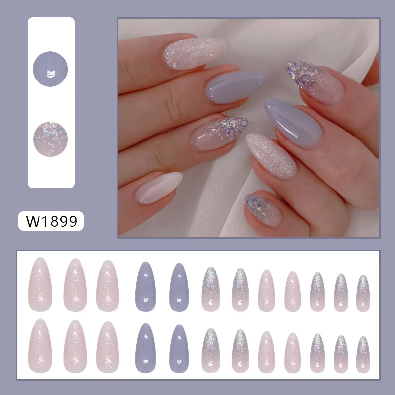 24 pezzi semplici stampa blu sulle unghie con strumenti unghie finte medie lunghe estive con design punte per unghie realistiche con glitter di mandorle 2025