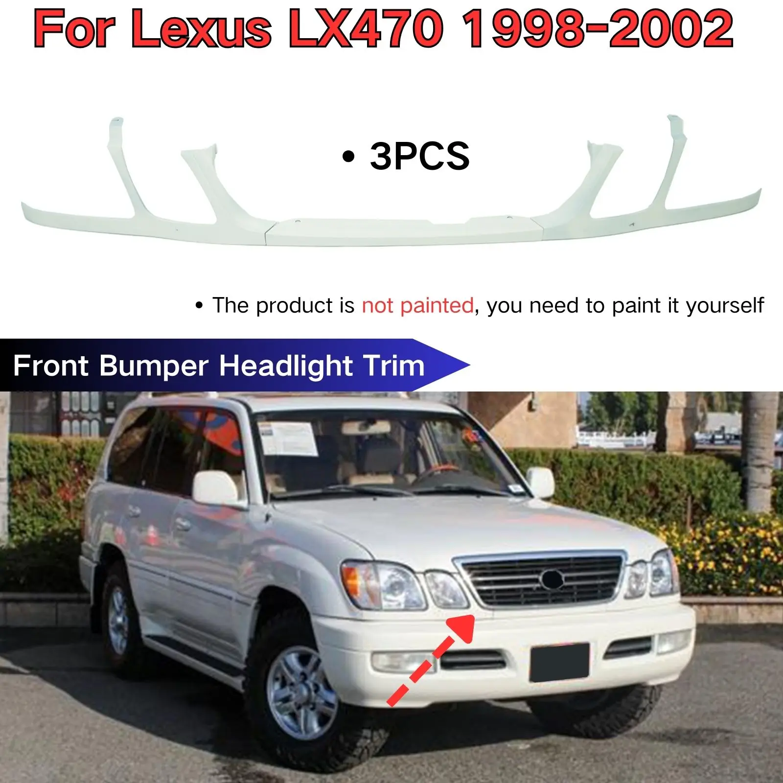 

For Lexus LX470 1998 1999 2000-2002 Front Bumper Headlight Trim Under Network Primer Unpainted Car Accessories Body Kit 3PCS