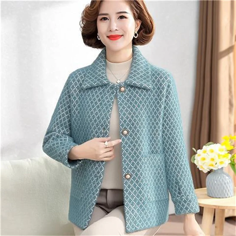 

Woolen Coat Female 2025 New Autumn Winter Middle-Aged Old-Aged Outwear Mother Mink Velvet Coat Houndstooth Cardigan Ladies Tops