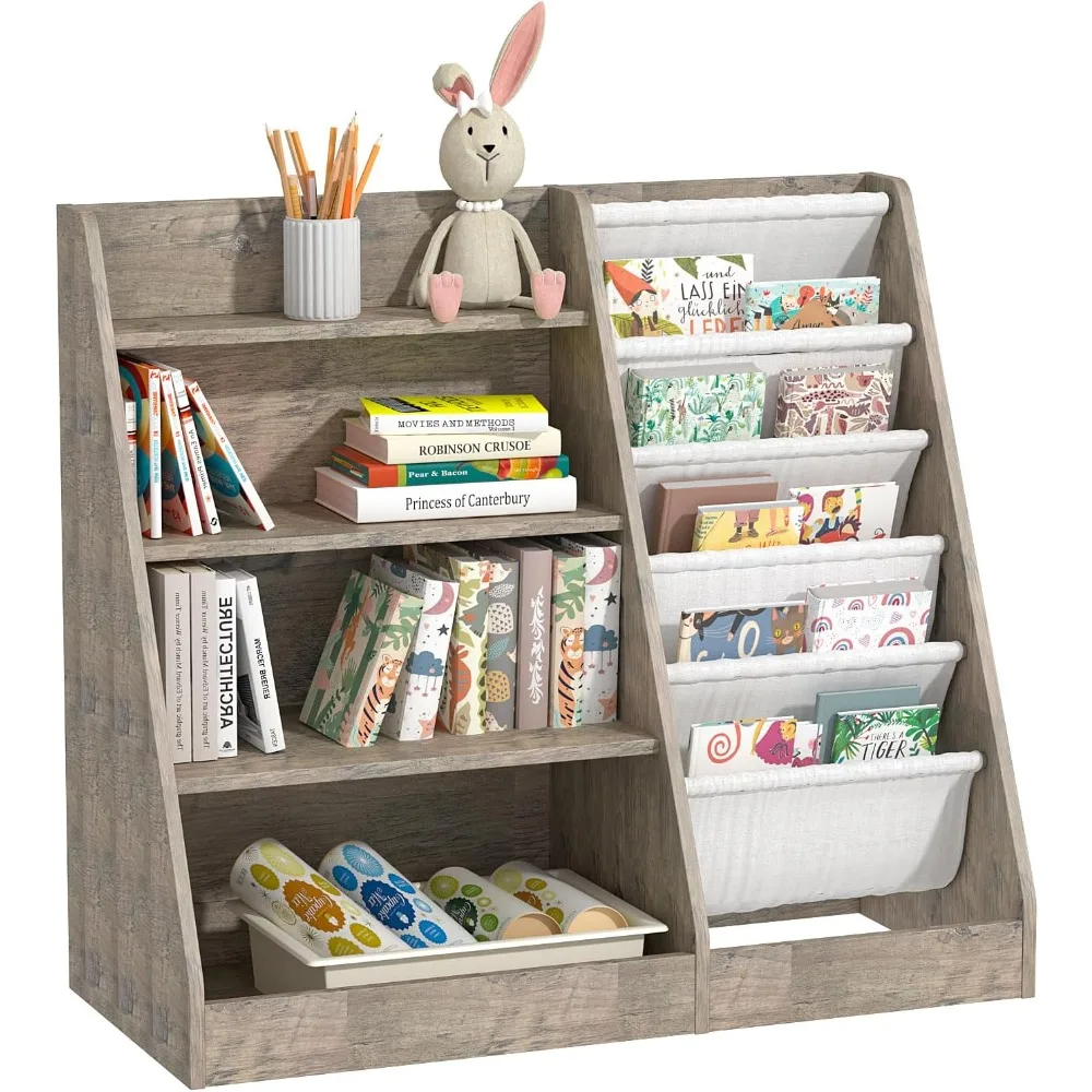 

4 Tier Kids Bookshelf Wooden, Five Layer Sling Children Bookcase, Baby Toddler Storage Book Rack, Book and Toy Organizer Cabinet