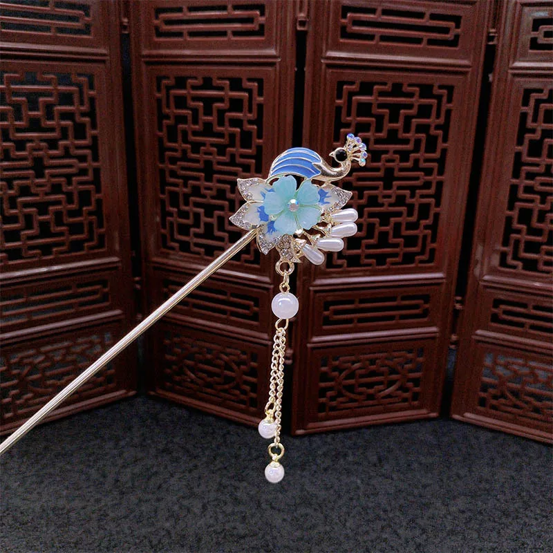 دبابيس شعر على شكل شرابة لؤلؤ الطاووس على الطراز الصيني، دبابيس شعر أوبدو راقية، إكسسوارات هانفو الجديدة على الطراز الصيني #2