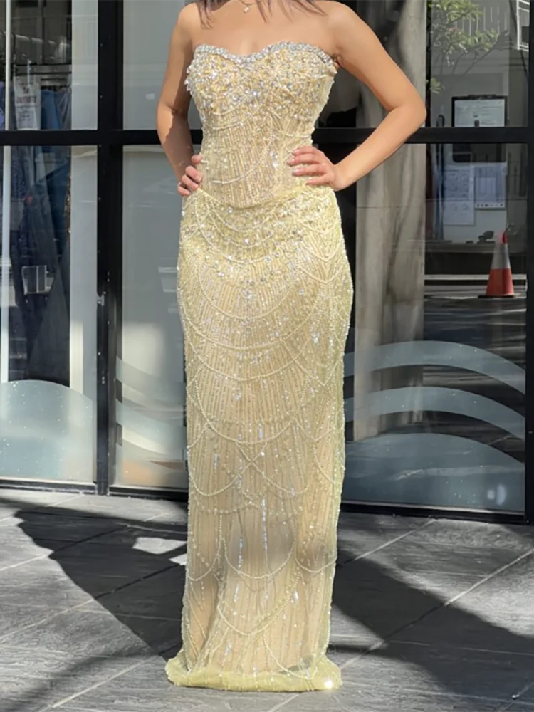 

Exquisite Sweetheart Sequined Beads Yellow Straight Formal Evening Dresses Birthday Party Prom Gowns Customized