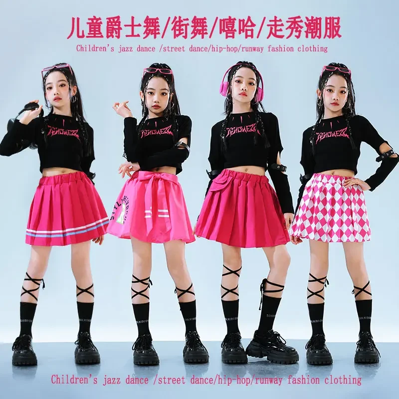 

Hip Hop Girls Shirt Street Dance K-pop Pink Tiered Skirts Kids School Uniforms Streetwear Children Jazz Costumes Clothes Sets