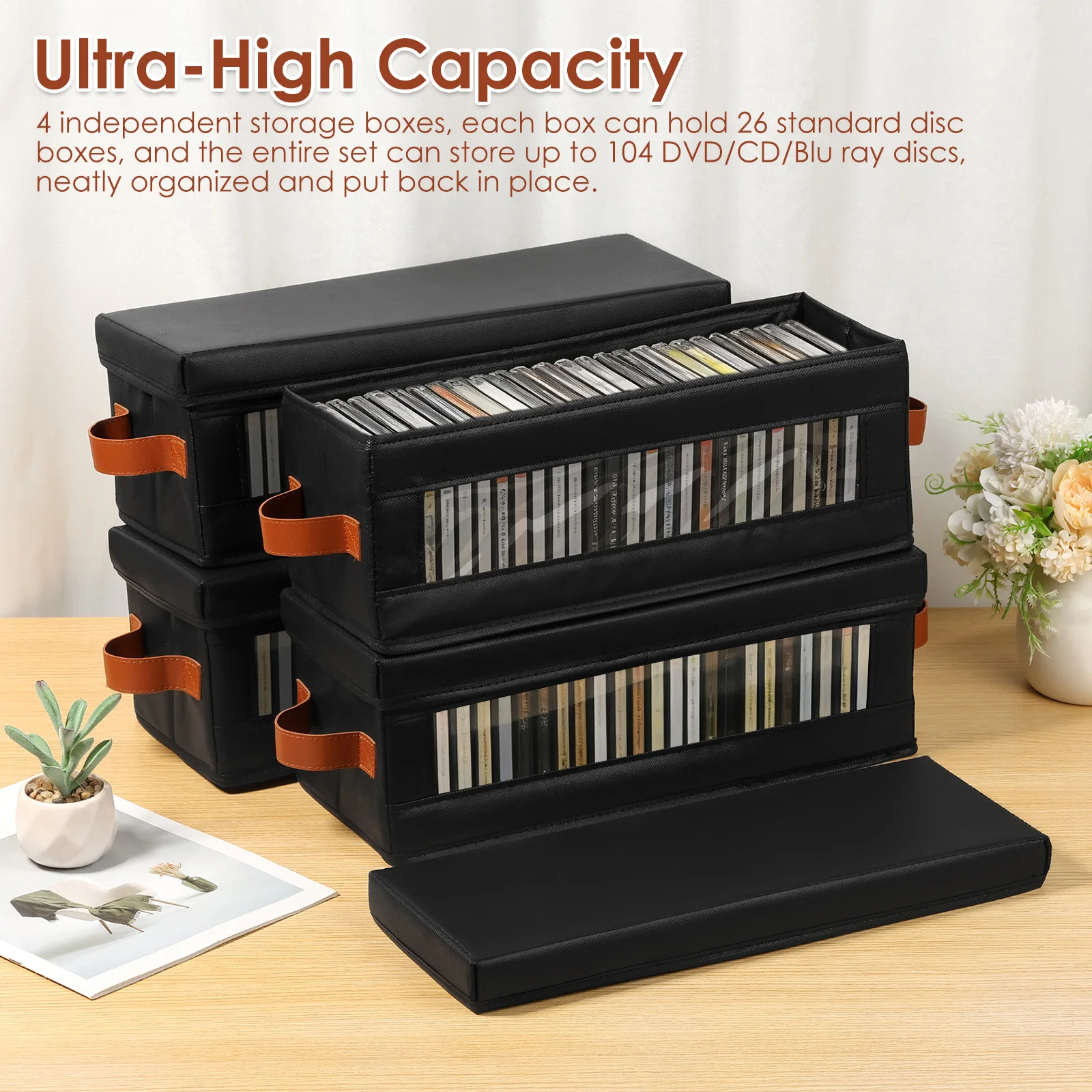 4 Pack DVD Storage Box with Visible Window Dustproof DVD Case Holder Organizer with Lid and Handle Hold Up to 104 Case CD Holder