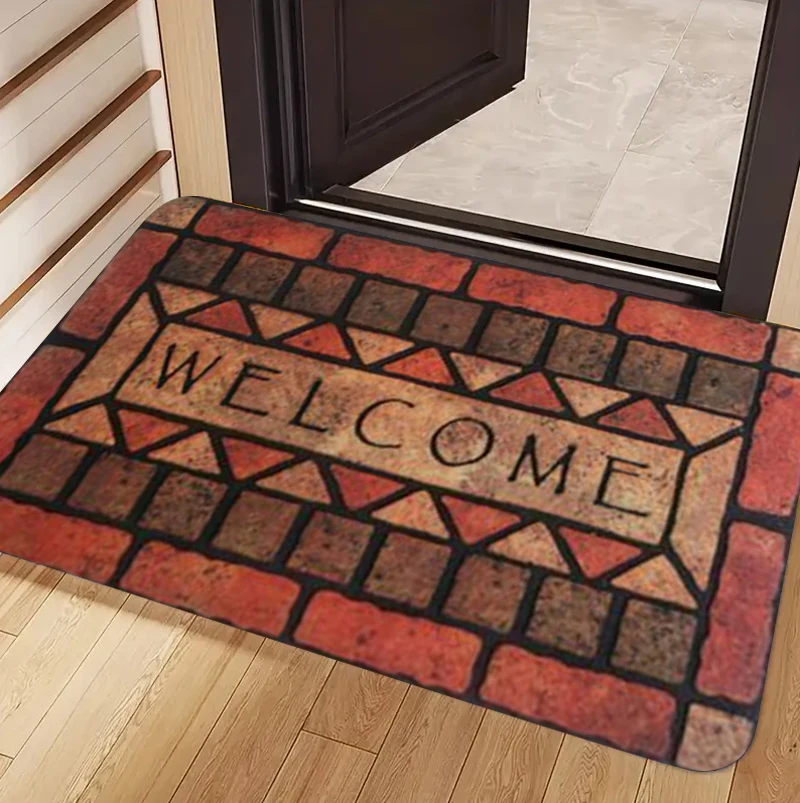 Vintage Brick Welcome Doormat Stone Mosaic Floral Scroll Pattern Decorative Floor Mat for Front Door Indoor Outdoor Home Decor