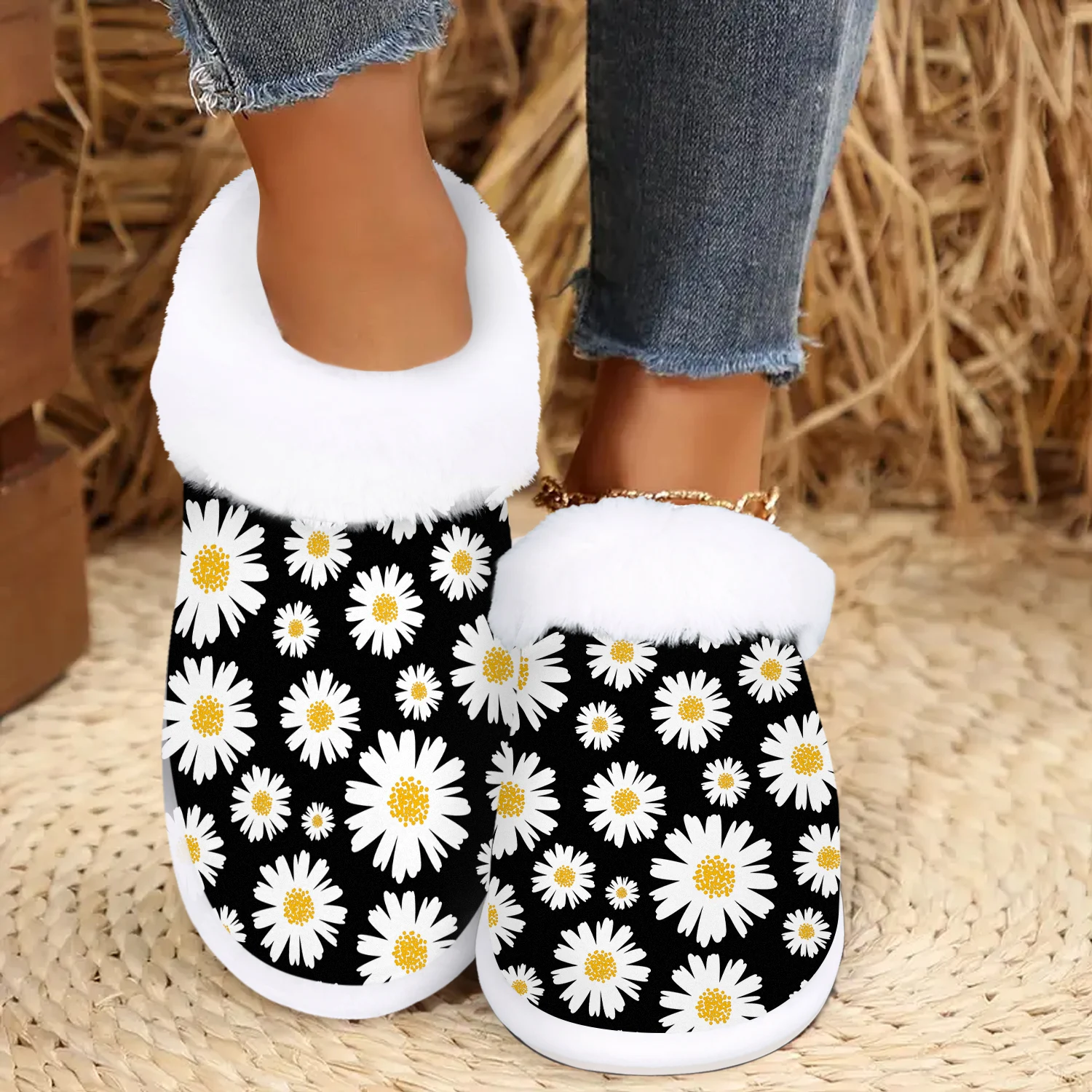 

Women'S Cozy Daisy Floral Slip-On House Shoes - Soft Fuzzy Indoor House Slippers with Non-Slip Rubber Sole, Warm Plush Lining