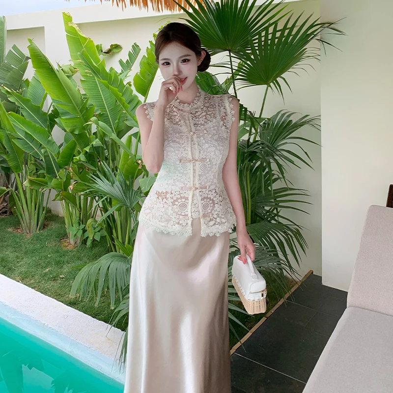 Elegant Chinese Style Lace Embroidery Top Strap Satin Fish Tail Skirt Three Piece Set Summer High End Feelings Women's Wear