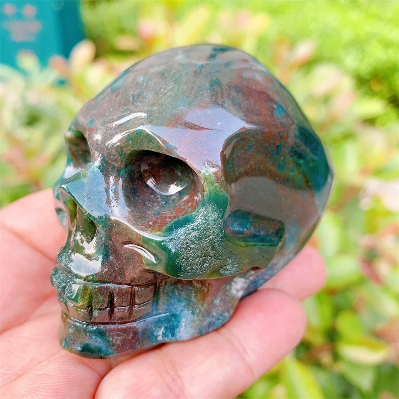 

Natural Ocean Jasper Skull Carvings, Mini Statue Figurine, Crystal Stone, Room, Halloween Decoration, Witchcraft Gift, 0.295kg