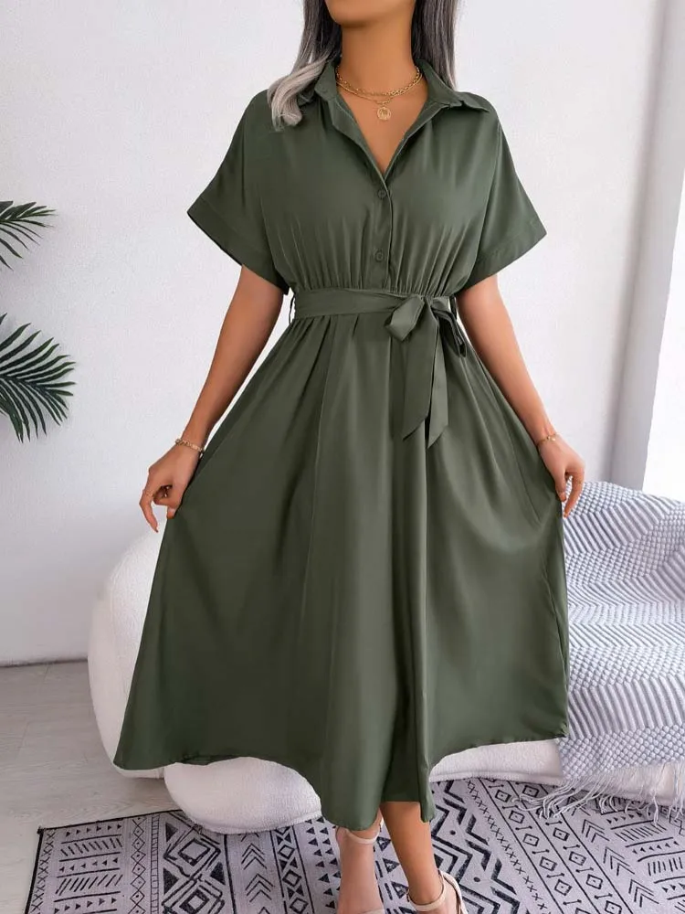 

2023 Summer Shirt Dress Women Button Long Dresses Ladies Office Short Sleeve Loose Dress Female Office Lady Dress