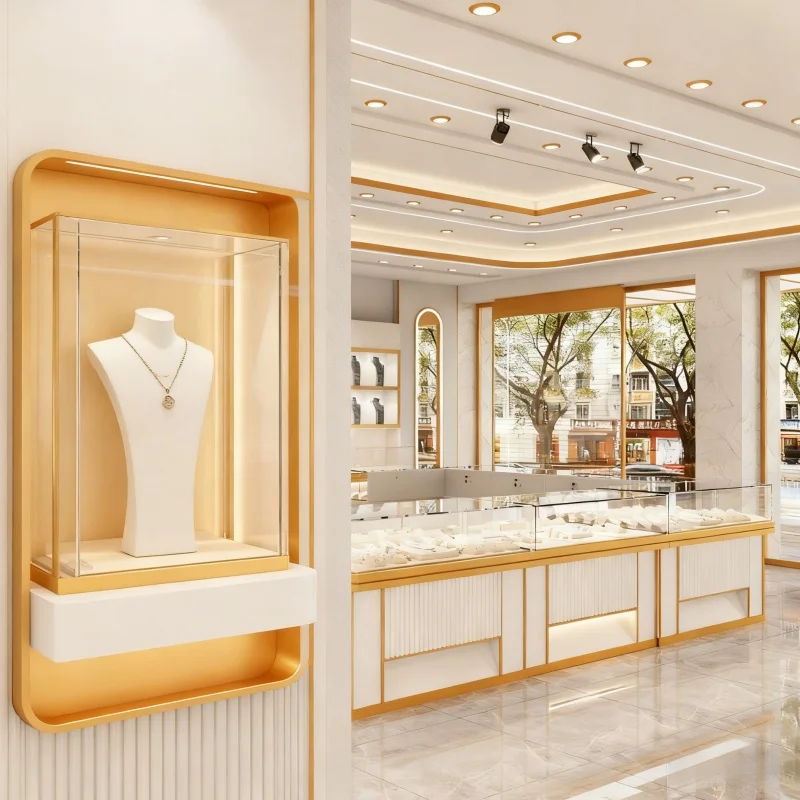 custom.Luxury Jewelry Shop Glass Showcase Interior Decorative Design Modern Store Wooden White Display Cabinet