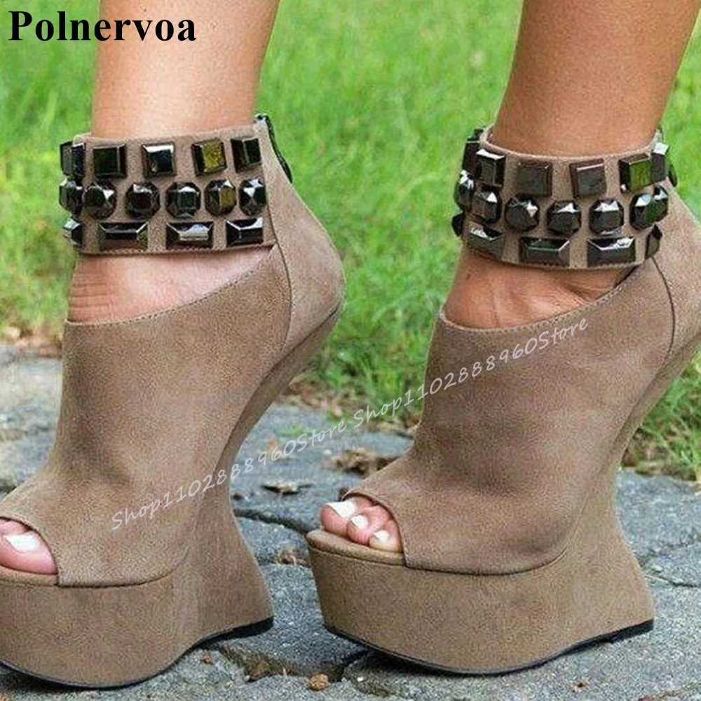 

Unique Khaki Flock Crystal Platform Sandals Strange Style Heel Women Shoes Back Zipper Open Toe 2025 Fashion Zapatos Para Mujere