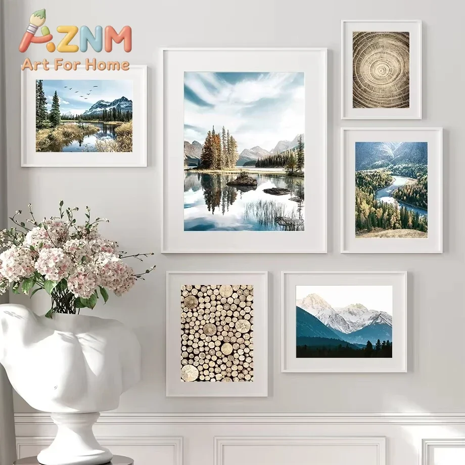 Forest Mountain Lake Wood Growth Ring Mural Painting Nordic Landscape Poster Printing Living Room Home Decoration Pictures