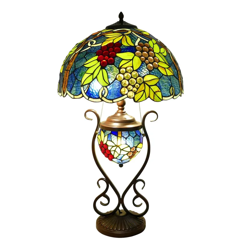 

Большая настольная лампа в стиле синего винограда из витража с металлическим основанием для спальни, гостиной, домашнего офиса