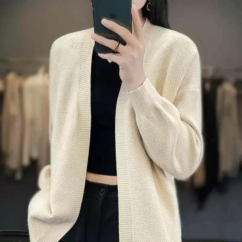 レディース ゆったり カジュアル ニット カーディガン ミディアム丈 ウール セーター Vネック ロングスリーブ シンプル スタイリッシュ 通勤 ファッション アウター