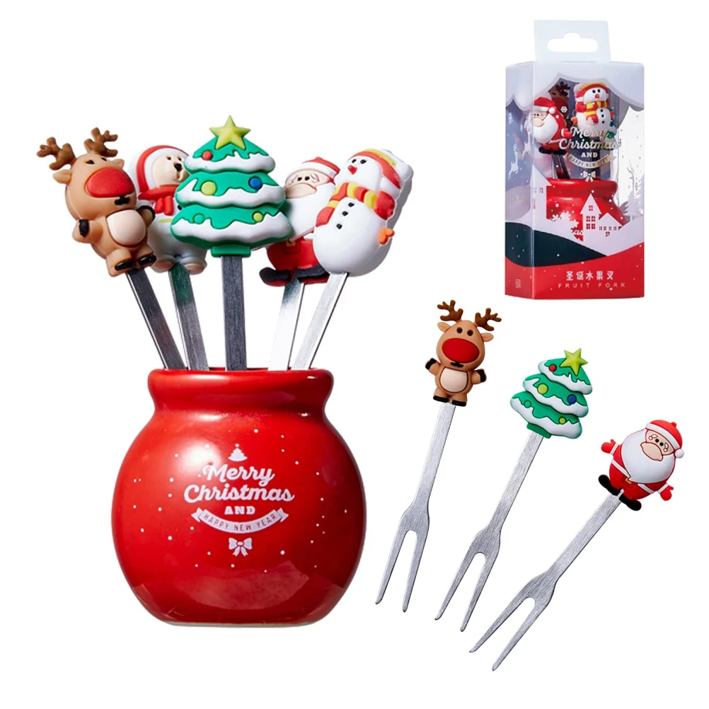 

Fruit Fork Christmas Tree Elk Cute Stainless Steel Reusable Christmas Fruit Fork with Ceramic Cup Holder for Dessert