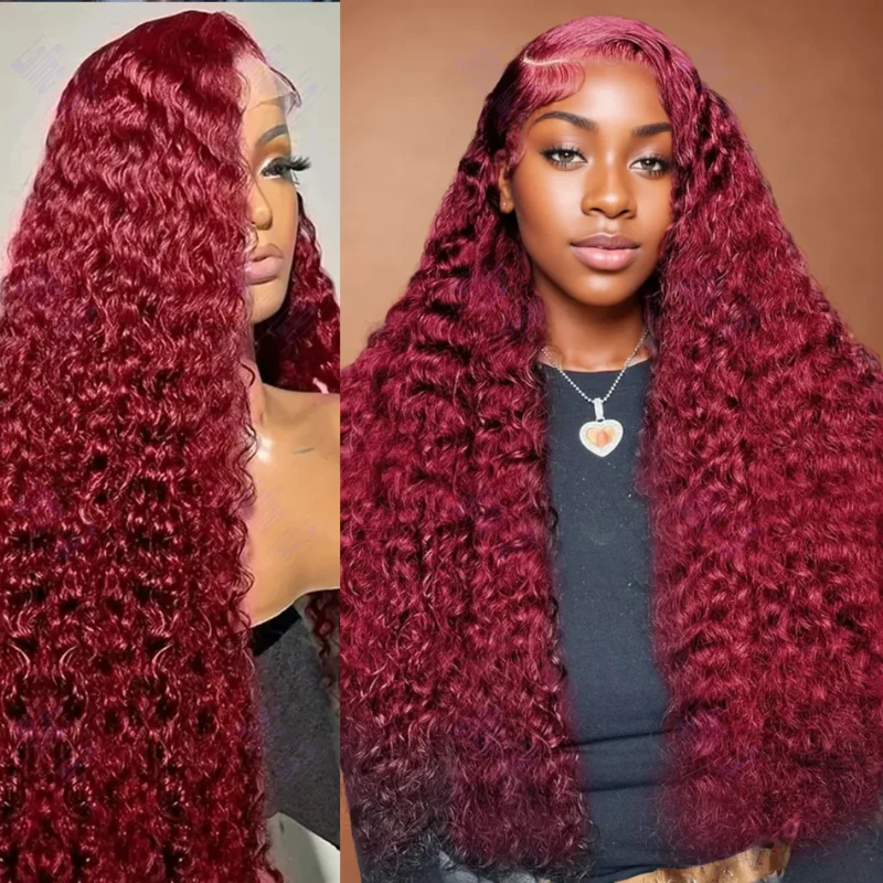 Quality Burgundy Loose Deep Wave Curly Wigs 13x6 Transparent Lace Frontal Human Hair Wig on Sale Clearance For Women Choice