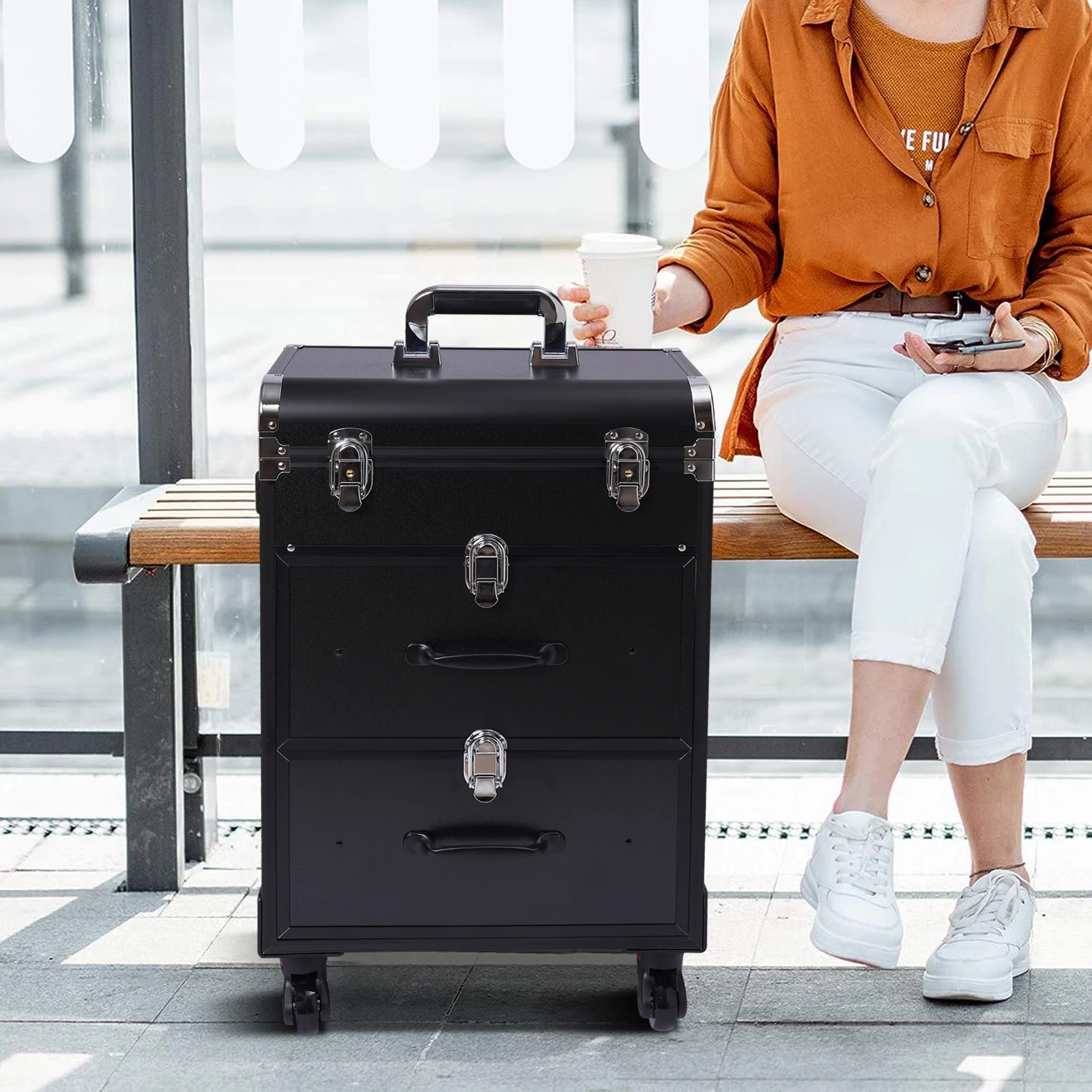 

3 Layers Cosmetics Storage Organizer Rolling Case Large Cosmetic Trolley Locks Make Up Bag 110.3 Lbs Weight-Bearing