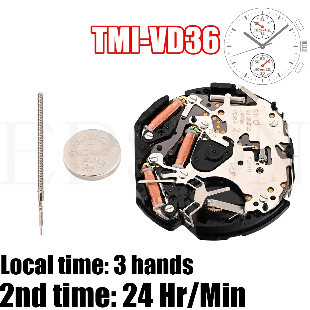 VD36 Movement TMI VD36-3 Movement Dual Time Movement Size: 12 ¾‴  Height: 3.97mm 5 hands 2nd time: 24 hr/min 6.12 Small Seconds