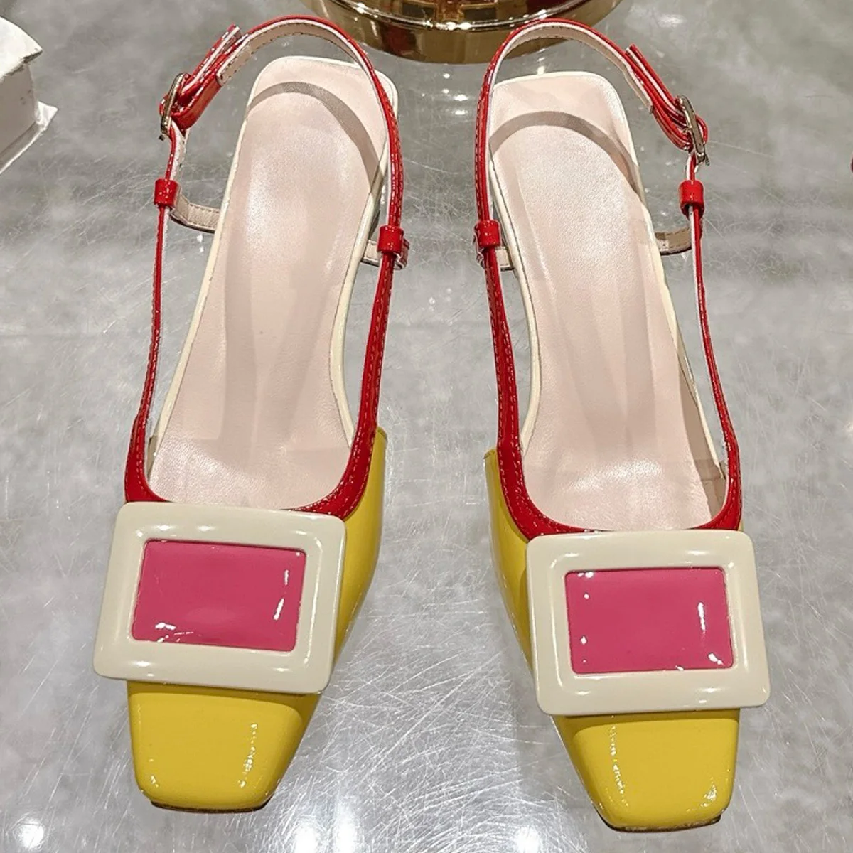 

2026 Women's Color Block Square Buckle Slingback Block Heel Pumps, Elegant Slip-On Heels for Daily & Dating YYT25022822