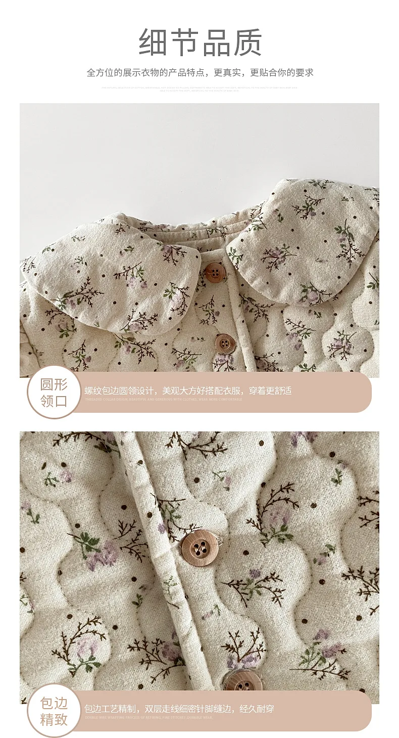 Winter Padded Jacket Girls Fleece Floral Padded Jacket Baby Lace Lapel Long Sleeve Versatile Warm Cardigan Padded Jacket