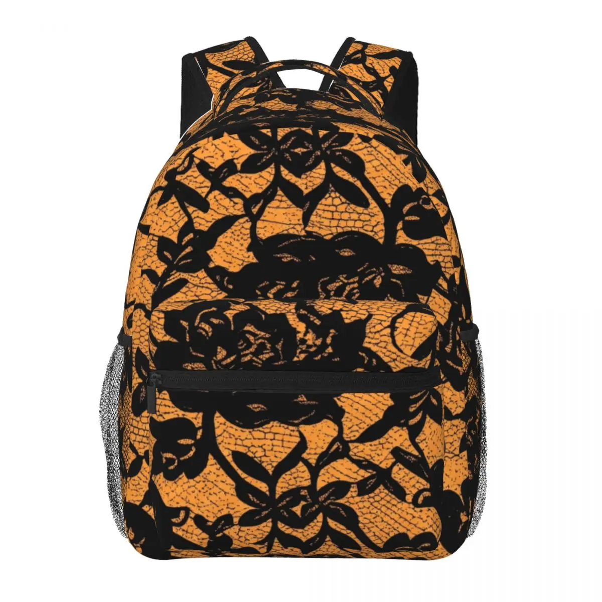 Dark Punk Printed Backpack Allover Lace Pattern Modern Graphic Orange Black Aesthetic Daypack for School Travel Weekend Library