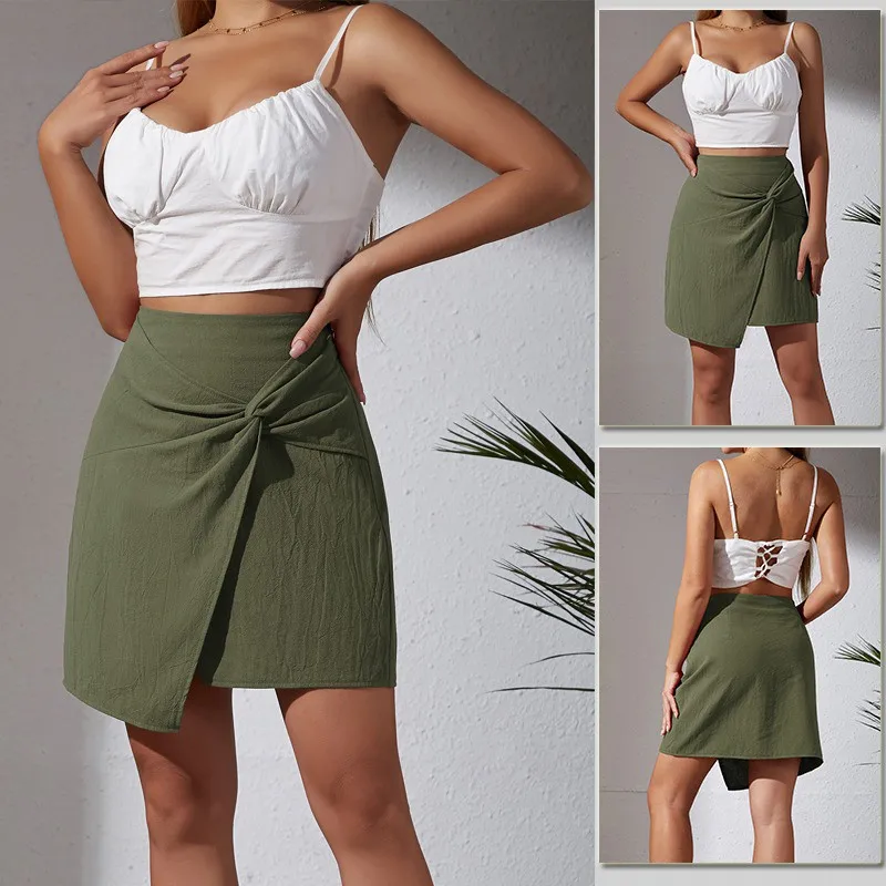 

2024 New Style Versatile Summer Cotton And Hemp Women's Solid Color Slim Fit Fashion Elegant Commuting A-line Wrapped Hip Skirt