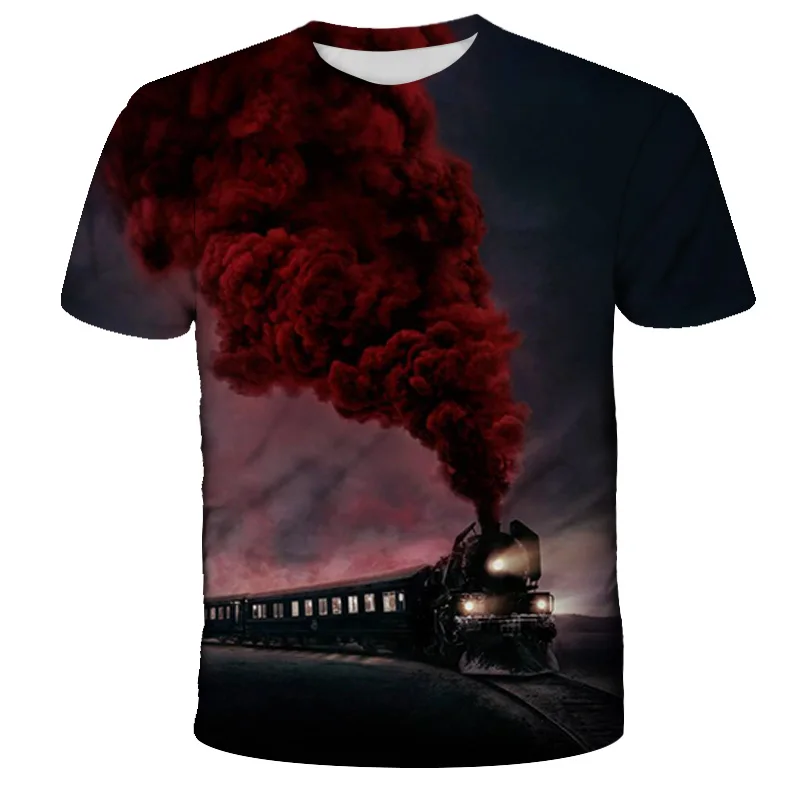 Steam Train Railroad Landscape 3D Printing T-Shirts For Girls Boy Summer 4-20Y Children Teen Birthday Cool Clothes Kids T Shirt