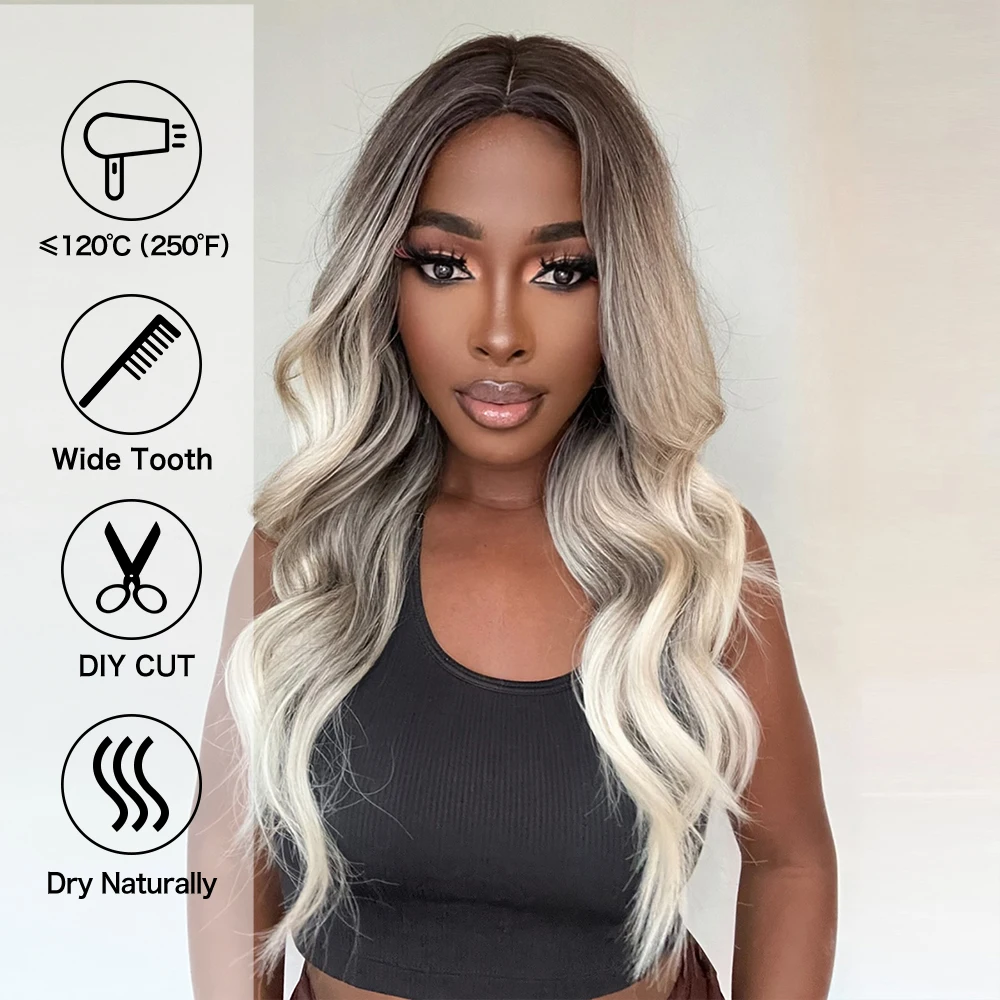 Synthetic Wigs Long Body Wave Ombre Dark Brown Blonde Ash White Wig Middle Part Wavy Hair for Women Afro Daily Heat Resistant